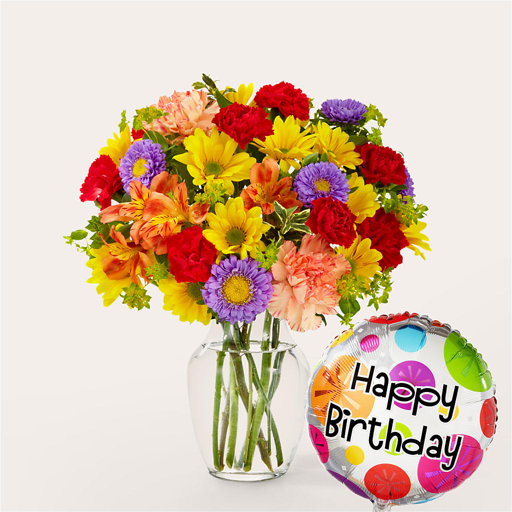 Kaleidoscope Bouquet with Birthday Balloon – Party Evolution Llc, Tampa FL