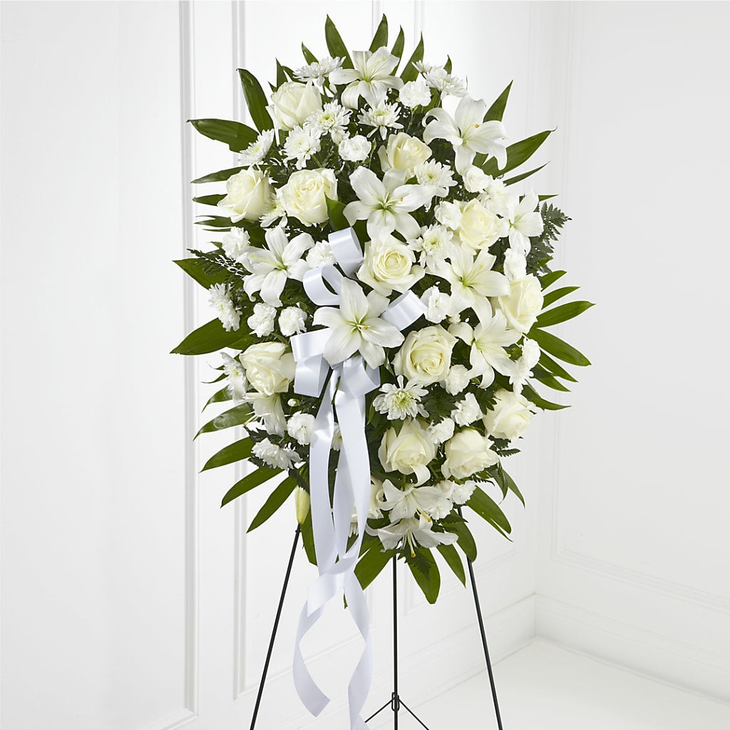 Exquisite Tribute Standing Spray-White Ribbon – Party Evolution Llc, Tampa FL